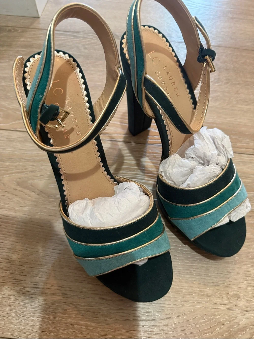 Teal & Black Strappy High Block Heel Sandals with Gold Trim